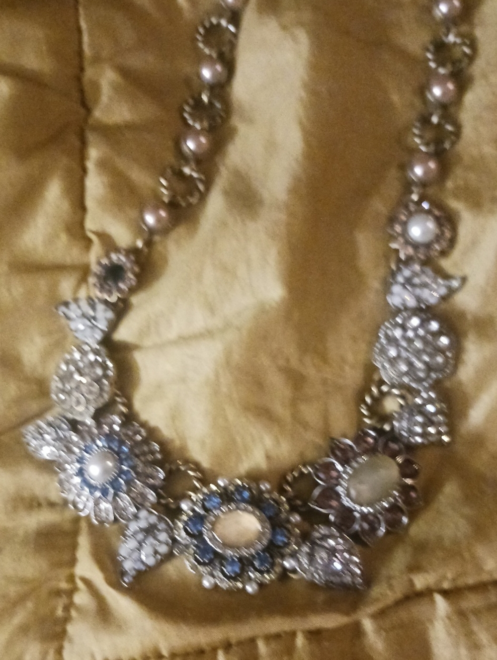 Statement Floral Crystal Necklace in Pearl and Blue -